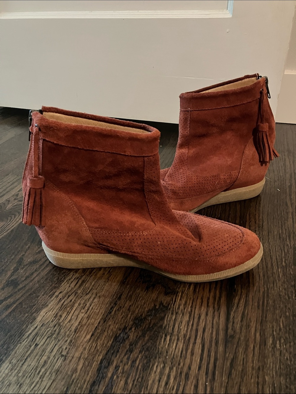 Tassel Suede Ankle Booties - Rust